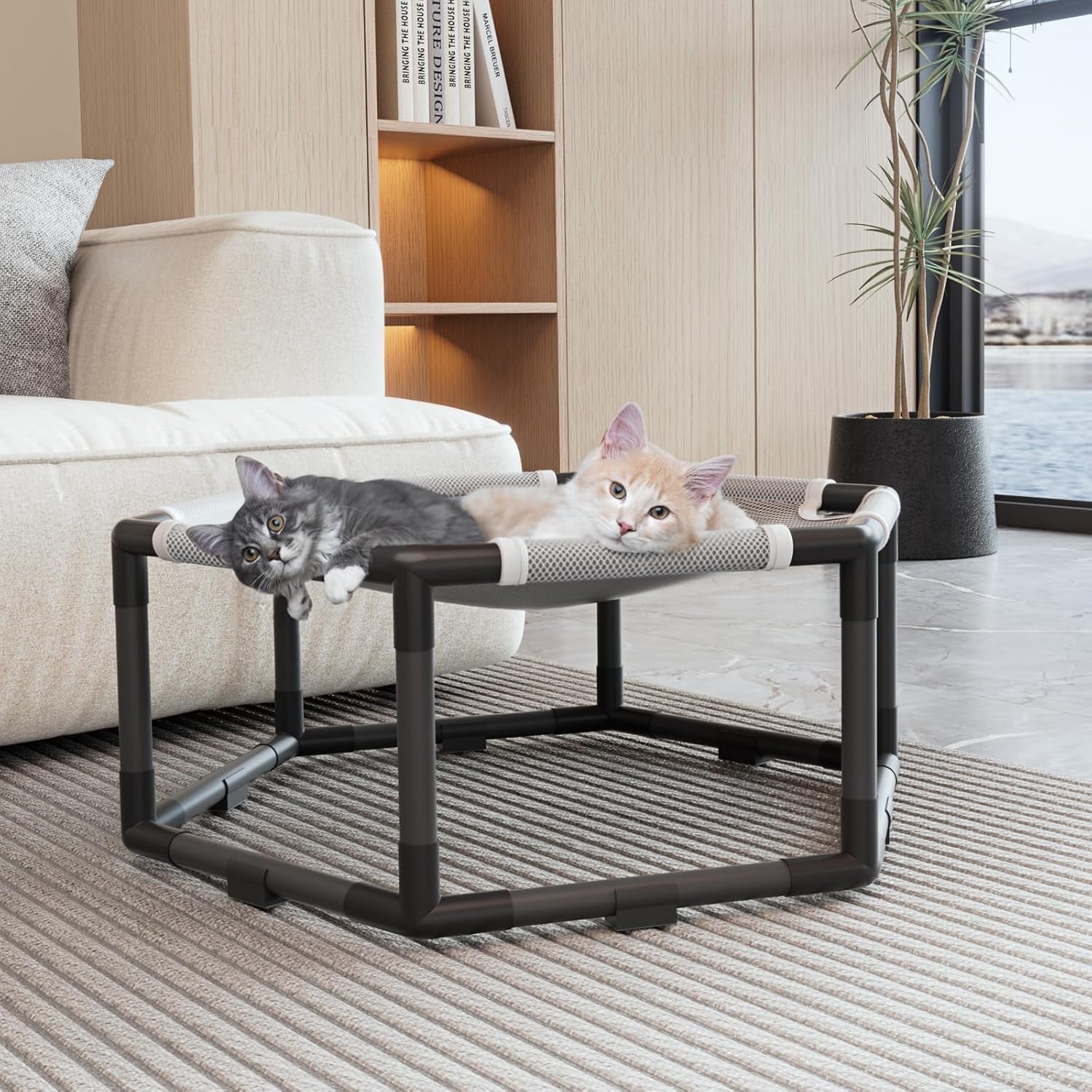 Tresbro Elevated Cat Hammock Bed, Hexagon Raised Cat Swing Bed for Indoor and Outdoor Use with Breathable Fabric & Anti-Slip Block, 20.5'' X 18'' X 9.4'' Pet Chair for Large to Small Kitty Cot