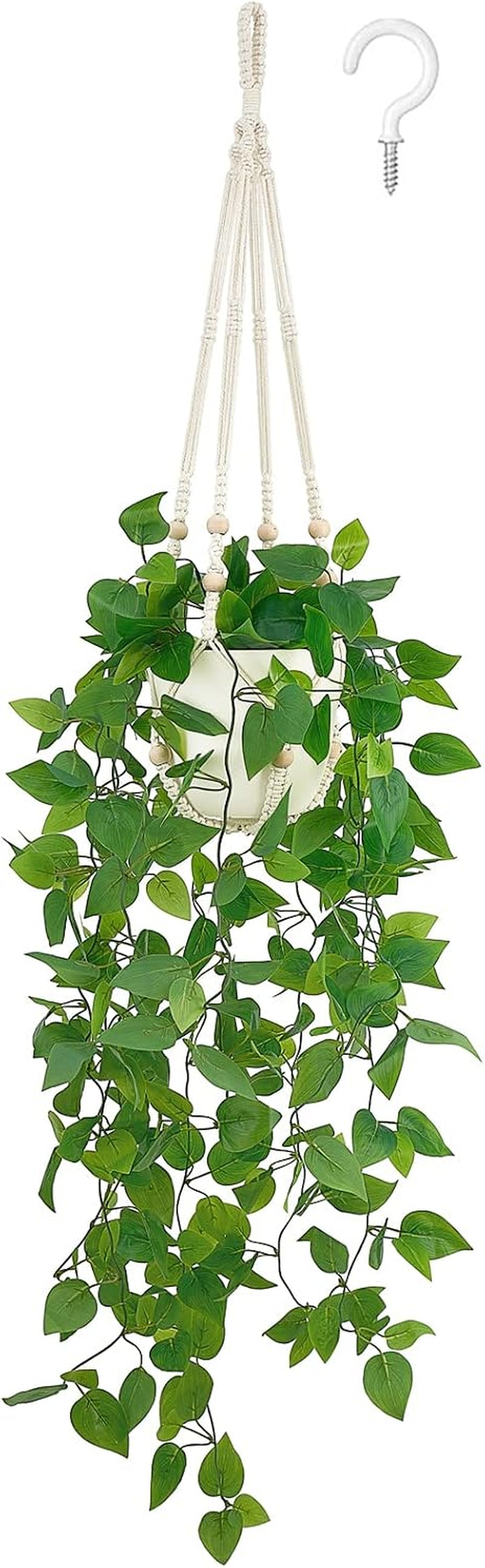 Mkono Fake Hanging Plant, Macrame Hanger with Pothos Vines & Pot, Ivory