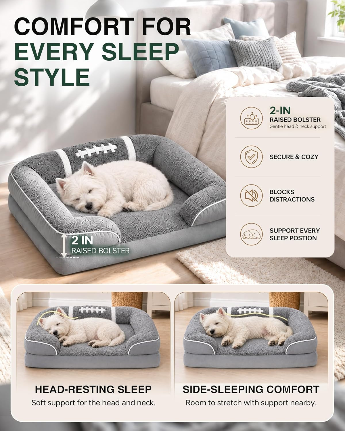 Orthopedic Dog Bed 28X22Inch,Egg Crate Foam Pet Bed with Removable Bolsters for Small Dogs & Cats up to 30Lbs,Fully Detachable Design& Non-Slip Bottom (Grey, Size M)