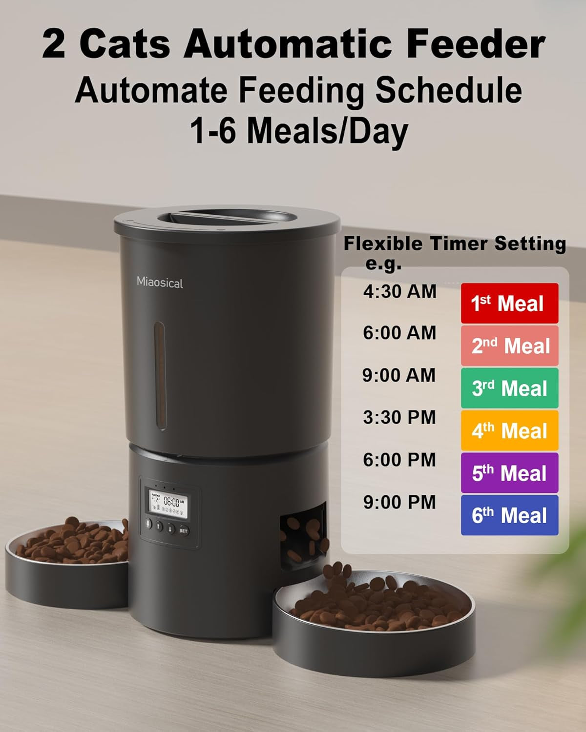 Automatic Cat Feeder 2 Cats, 4.2L Dry Food Auto Dispenser with Double Bowls,Dual Power Supply,Programmable Portion Control,10S Voice Recorder(Black,Stainless Steel Bowls) (Pure Black)