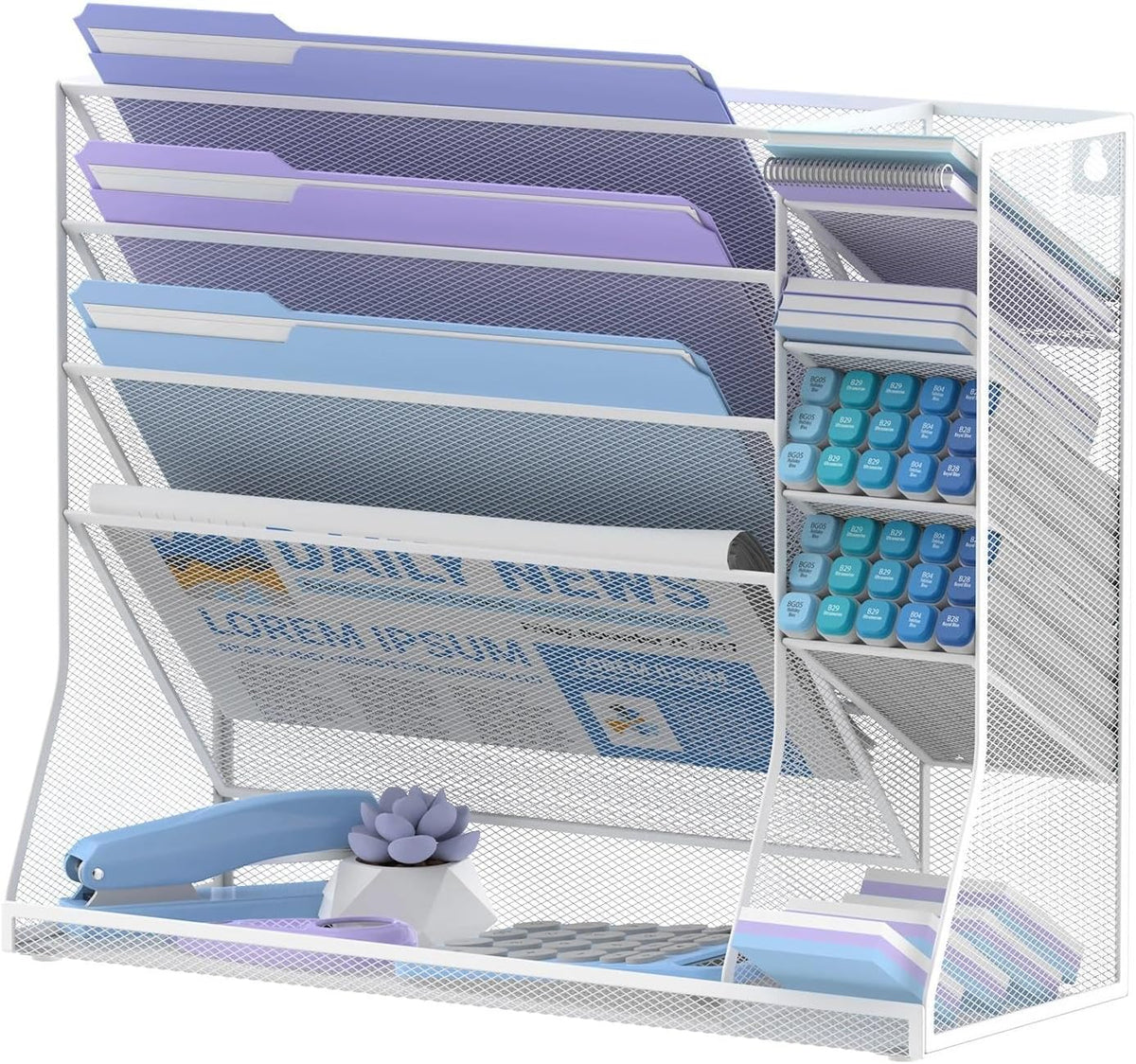 5-Tier Wall File Organizer and Wall File Holder with Bottom Tray, White