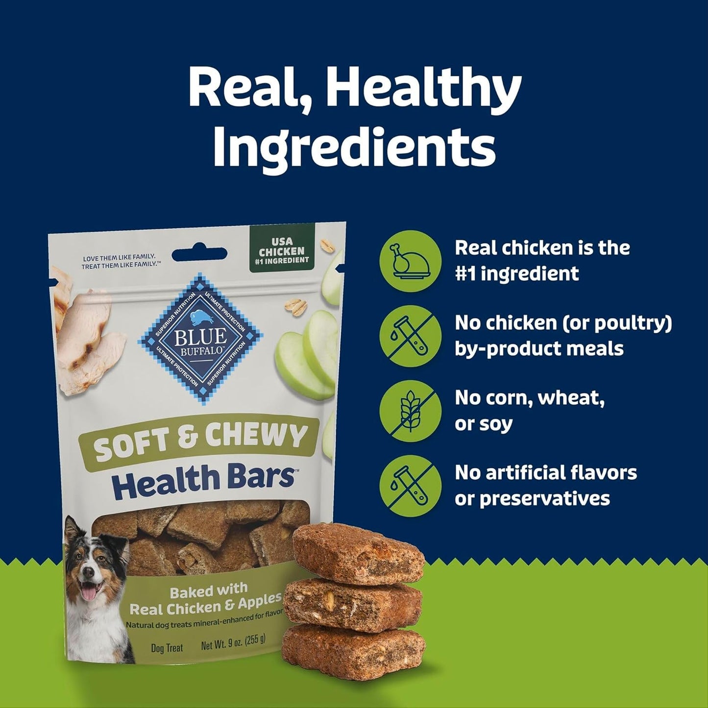 Blue Buffalo Soft & Chewy Health Bars, Baked with Real Chicken & Apples, Natural Dog Treats Mineral Enhanced for Flavor, 9 Oz. Bag