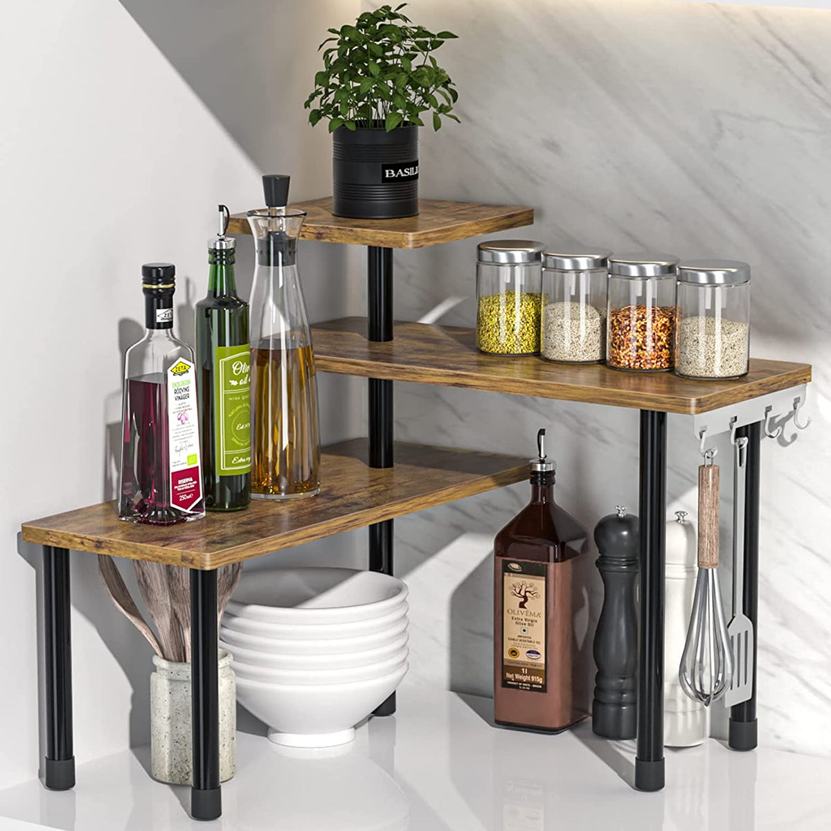 Jayrex Kitchen Countertop Organizer 3-Tier Corner Shelf, Rustic Brown