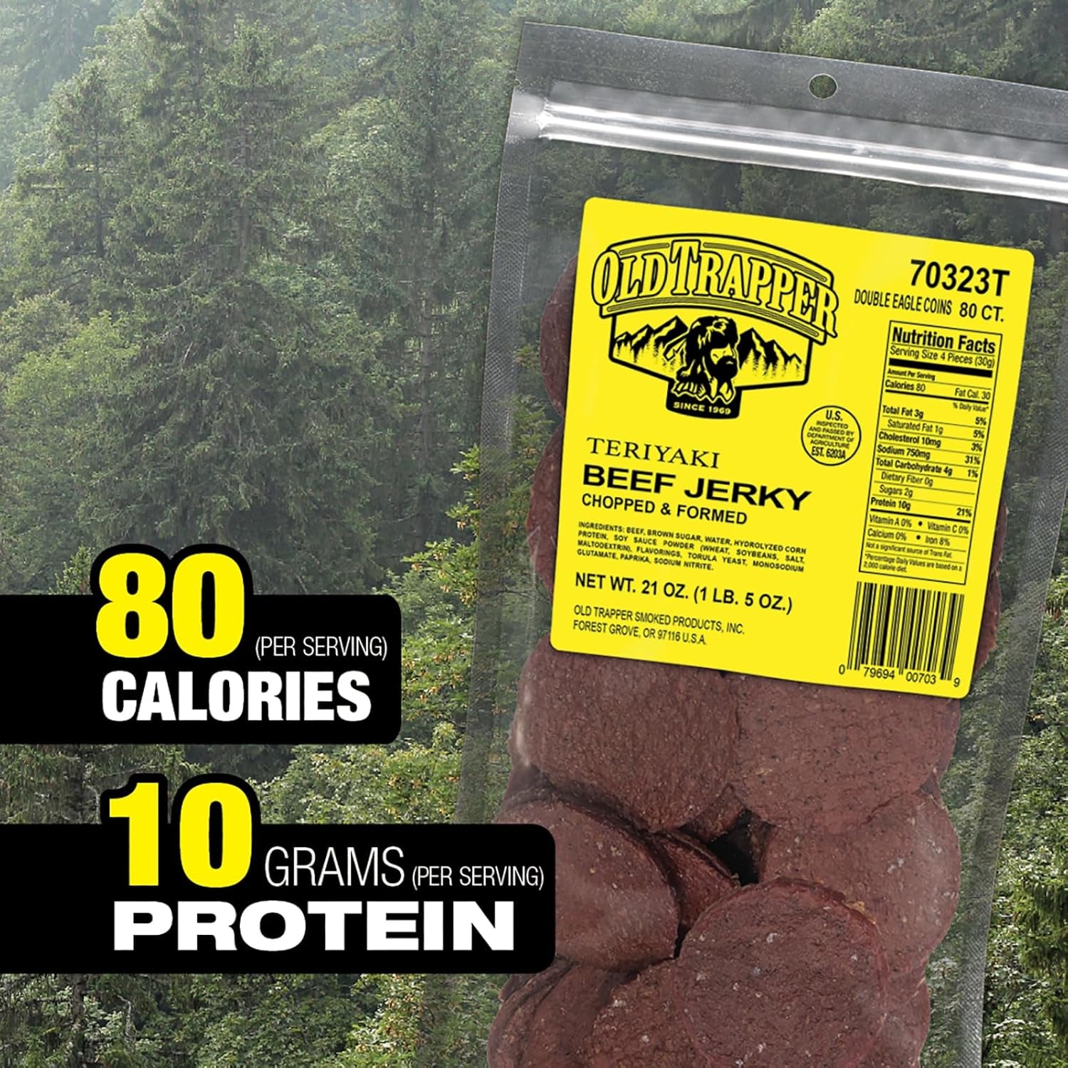 Old Trapper Double Eagle Beef Jerky, Teriyaki Flavor, 21 Ounce Package, Natural Wood Smoked Meat Snacks, 10 Grams of Protein and 80 Calories per Serving (Pack of One)