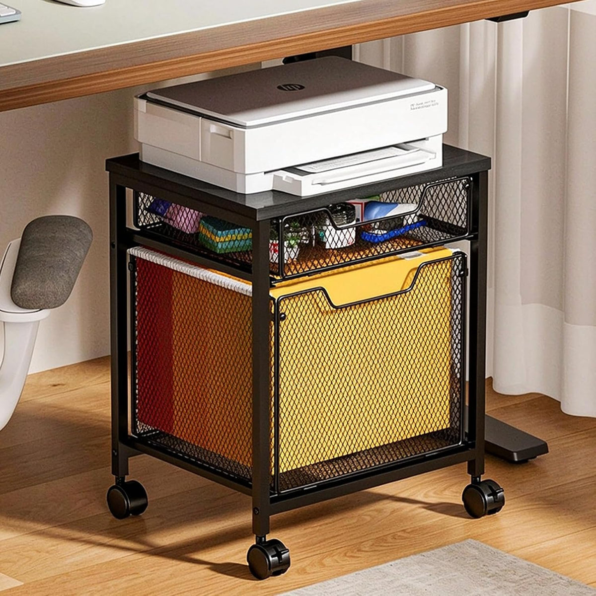 Rolling File Cabinet Cart, Printer Stand with Storage Drawer, Mobile Filing Cabinet on Lockable Wheel, Printer Cart with Hanging File Folder Organizer beside under Desk for Office Home(Patent Pending)
