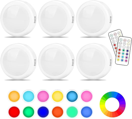 Cadrim Puck Lights, 13 Colors Changeable LED Puck Lightings, LED Lamp for Bedroom, under Cabinet Lamps, under Cabinet Lighting with 2 Wireless Remote Controls for Kitchen(6 Pack)