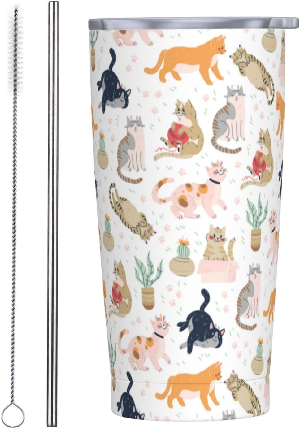 Cat Tumbler 20Oz Cute Cats Stainless Steel Insulated Tumblers with Lid and Straw Animal Travel Coffee Mug Tea Wine Cups Water Bottle Cats Gifts for Women Cat Lover