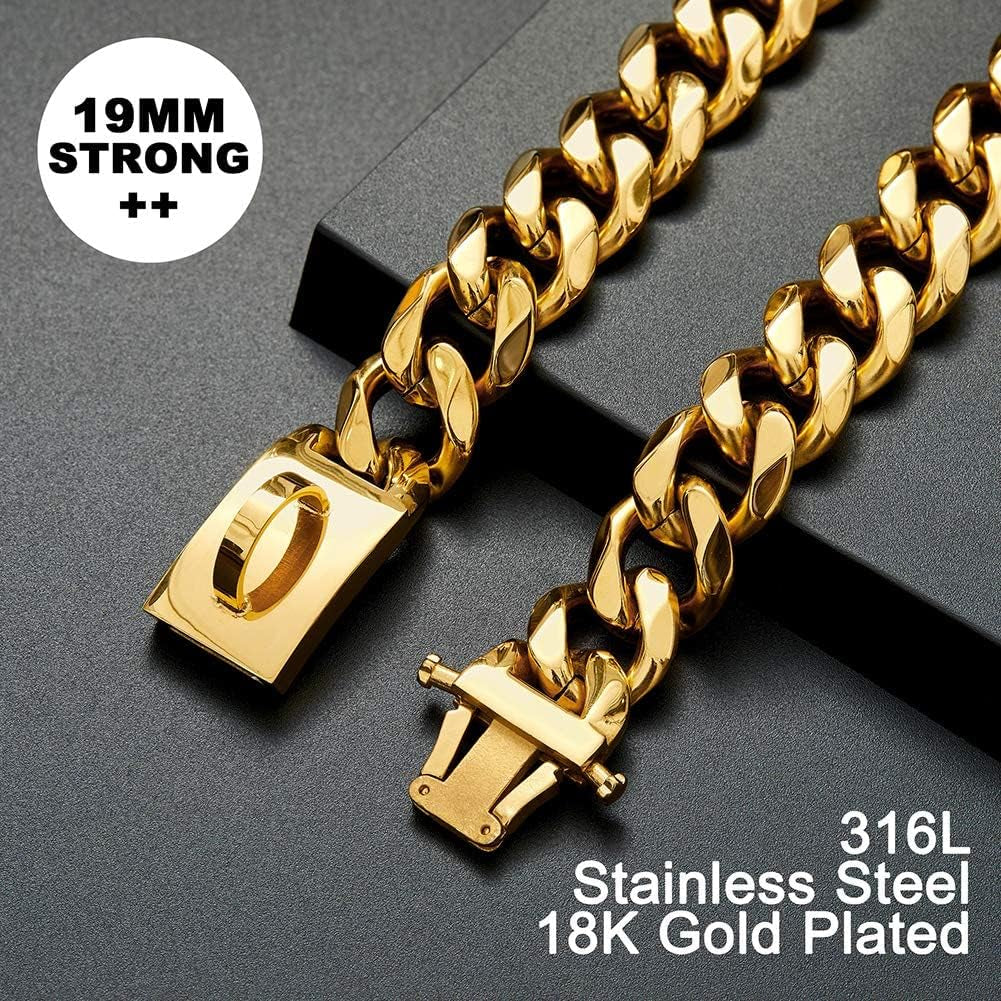 Gold Dog Chain Collar Walking Metal Chain Collar with Design Secure Buckle,18K Cuban Link Strong Heavy Duty Chew Proof for Medium Dogs(19Mm, 18")