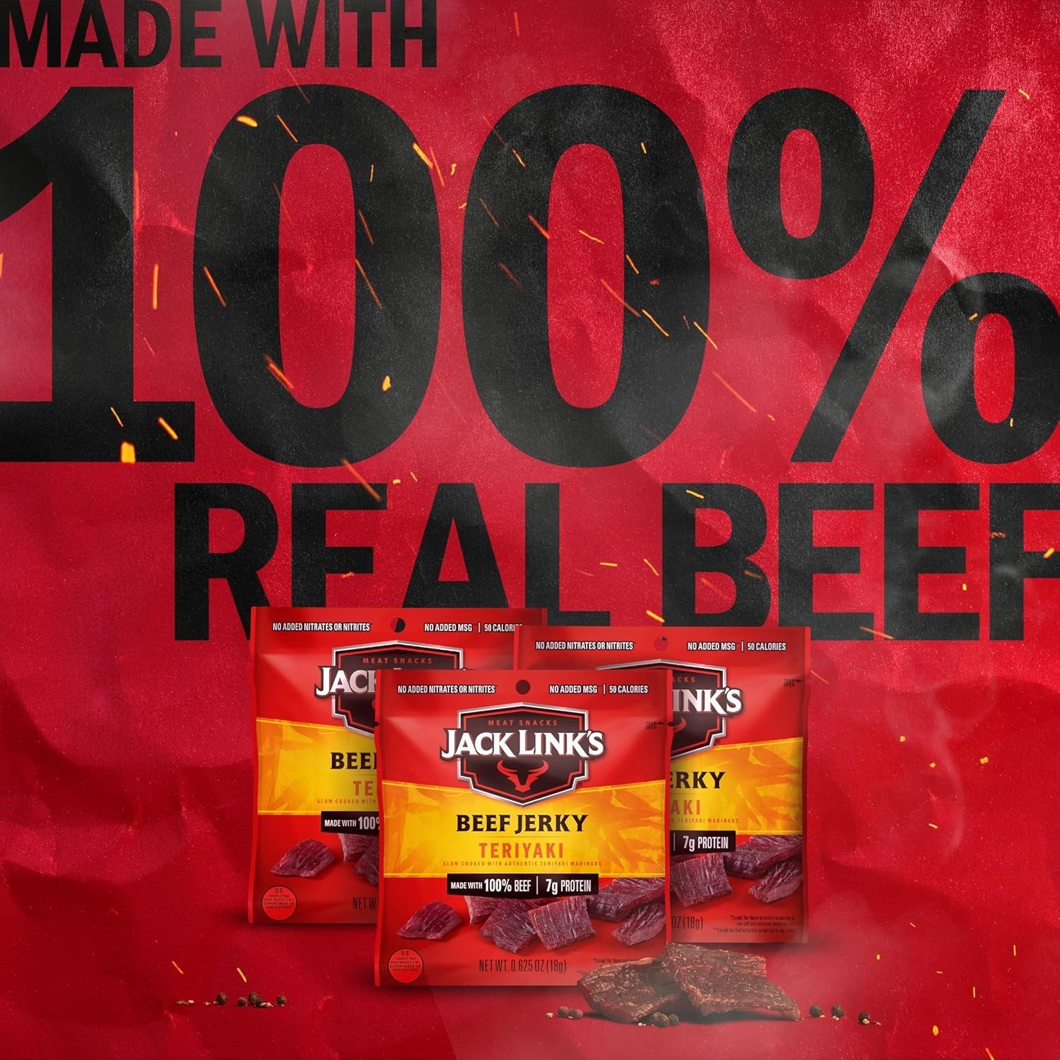 Jack Link'S Teriyaki Beef Jerky Multipack - (20 Pack) 0.625 Oz Bags - Ready to Eat Real Meat Protein Snacks - 7G Protein per Serving - Made with 100% Real Beef