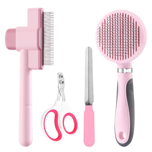 Cat Grooming Kit, 4-In-1 Cat Grooming Tools with Cats Brush, Flea Comb, Nail Clipper & Trimmer - Deshedding & Dematting for Pets Hair and Paws, Pet Shedding Set for Indoor Dogs & Cats (Pink)