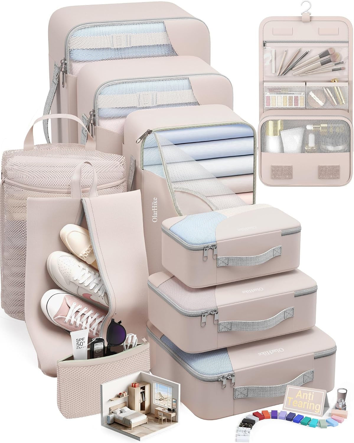 10 Set Packing Cubes for Travel, Gifts for Women Mom,Anti-Tearing Suitcase Organizer for Luggage with Shoe & Hanging Toiletry Bag,Olarhike Vacation Essentials & Accessories for Cruise Ship