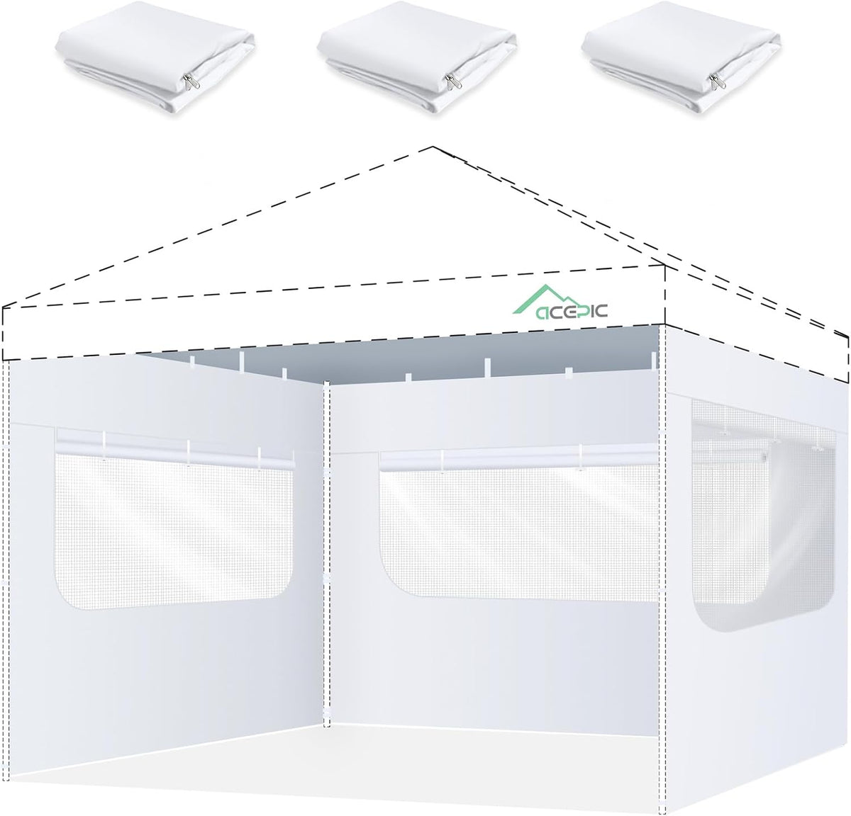 ACEPIC 10X10Ft Sidewalls with Mesh Window, White(3Pcs, Frame Not Included)