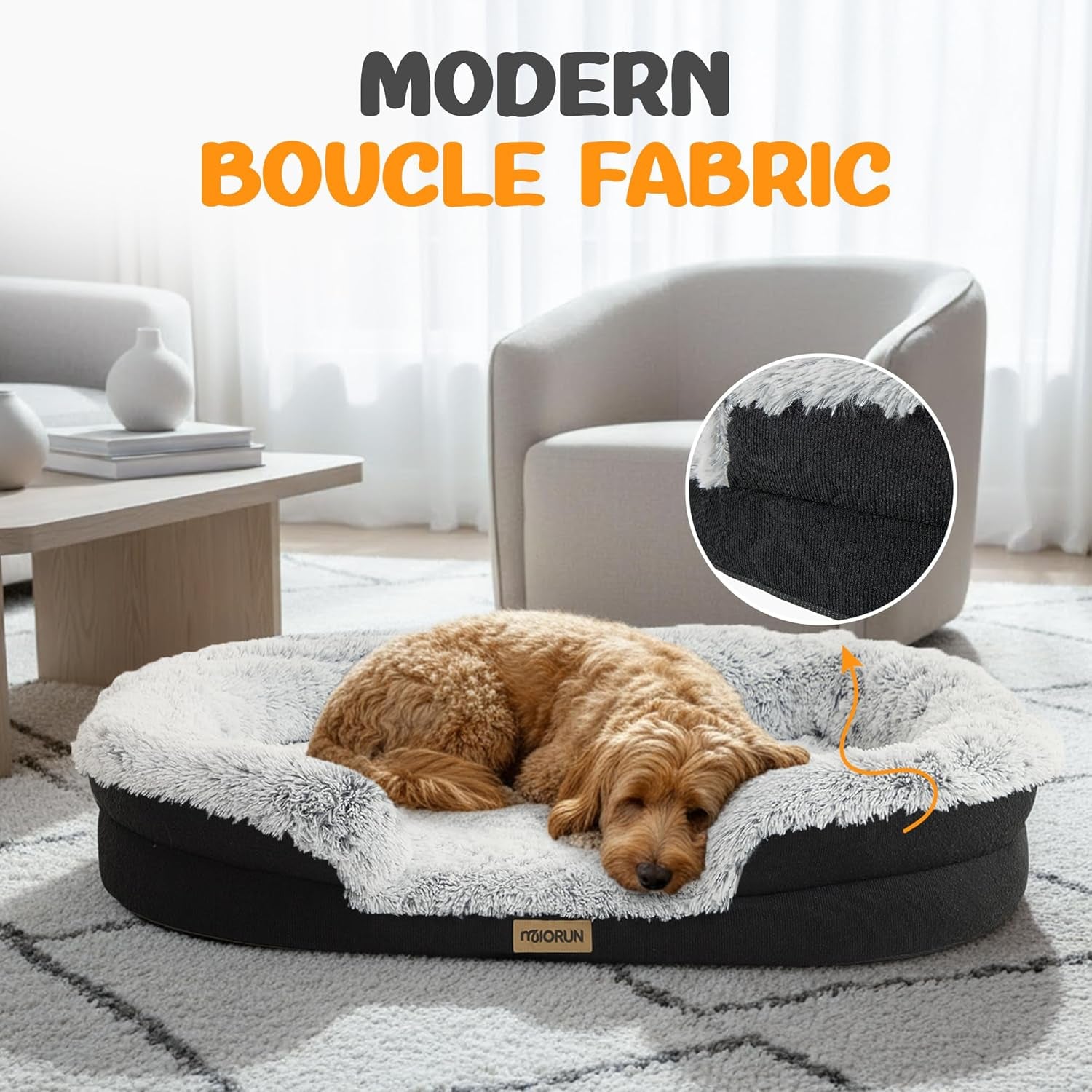 Fluffy Orthopedic Dog Bed for Large & Extra Large Dogs, Calming Plush Sofa Bed with Curved Bolster Support and Egg-Crate Foam Base, 43" Cozy Oval Pet Donut Bed with Washable Cover, Gray