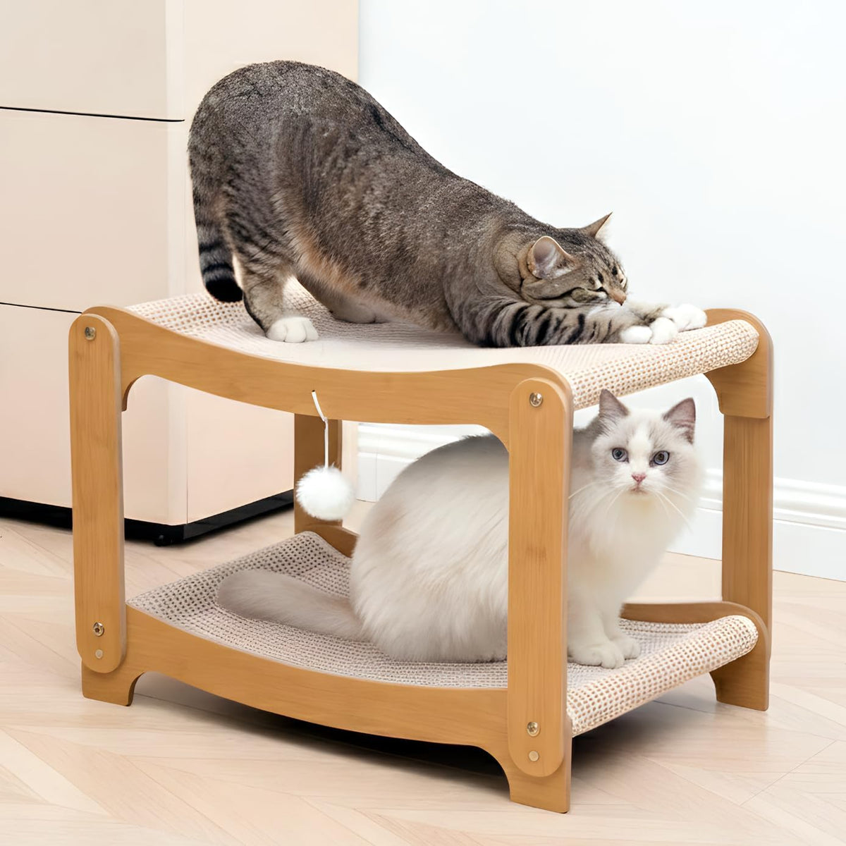 AIXINPET Two-Level Sisal Cat Scratcher Bed - Sturdy Cat Scratching Post with Scratch Pad&Hammock Bed, Comfortable Cats Bed for Indoor Kittens&Adult Cats -Sturdy Wooden Frame,Protect Furniture
