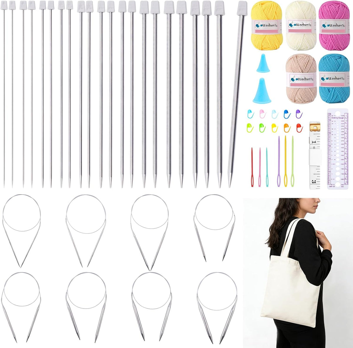 Weabetfu 56Pcs Knitting Needles Set with Tote Bag for Beginners