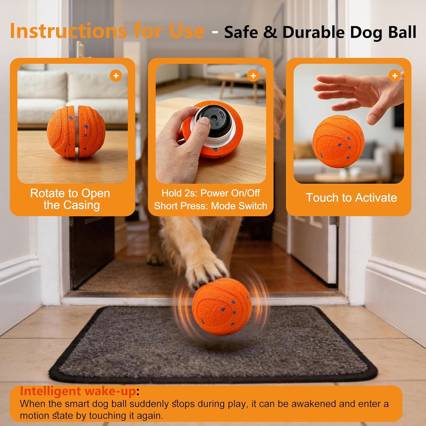 Interactive Automatic Bouncing Dog Ball, Motion Activated Self Moving Toy for Boredom & Separation Anxiety, Durable Chew-Proof ETPU Shell, Rechargeable Pet Ball for Indoor Outdoor, Small Medium Dogs