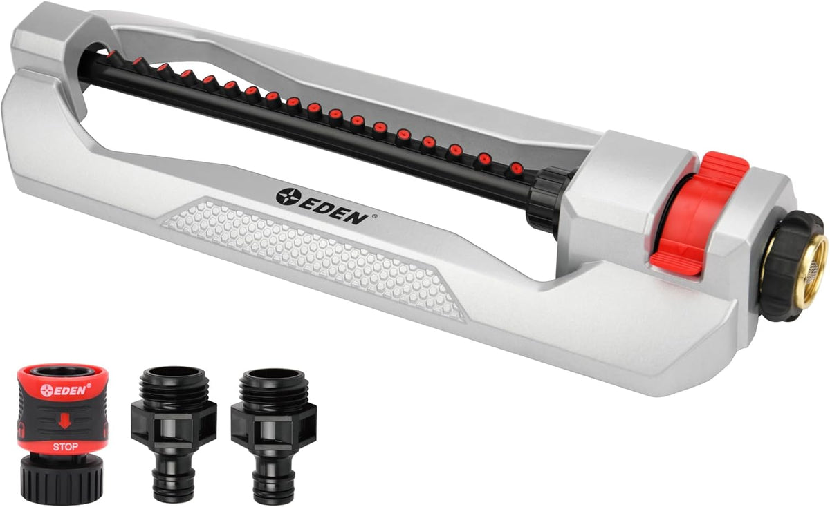Eden 94110 Heavy-Duty Metal Oscillating Sprinkler | Covers up to 3,315 Sq. Ft., 18 Precision Nozzles, Adjustable Range, Turbo Drive Motor, Quick Connect Bundle