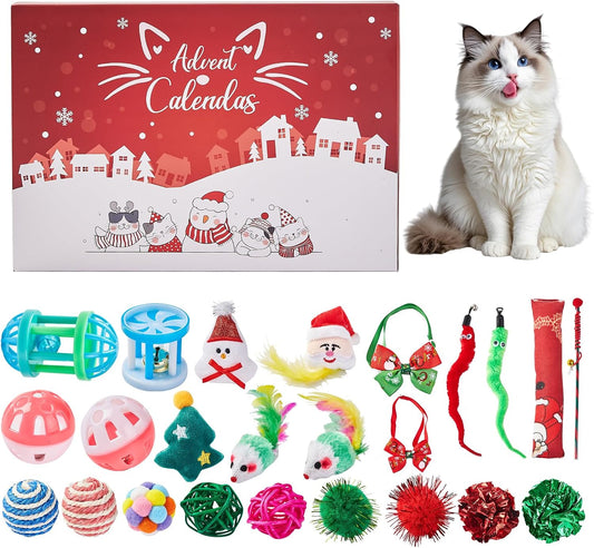 Christmas Cat Toy Advent Calendar 2026, 24 Days Xmas Cat Toys Countdown Calendar Gift Set for Cat Lovers with Mice Ball Bells Feather Teaser
