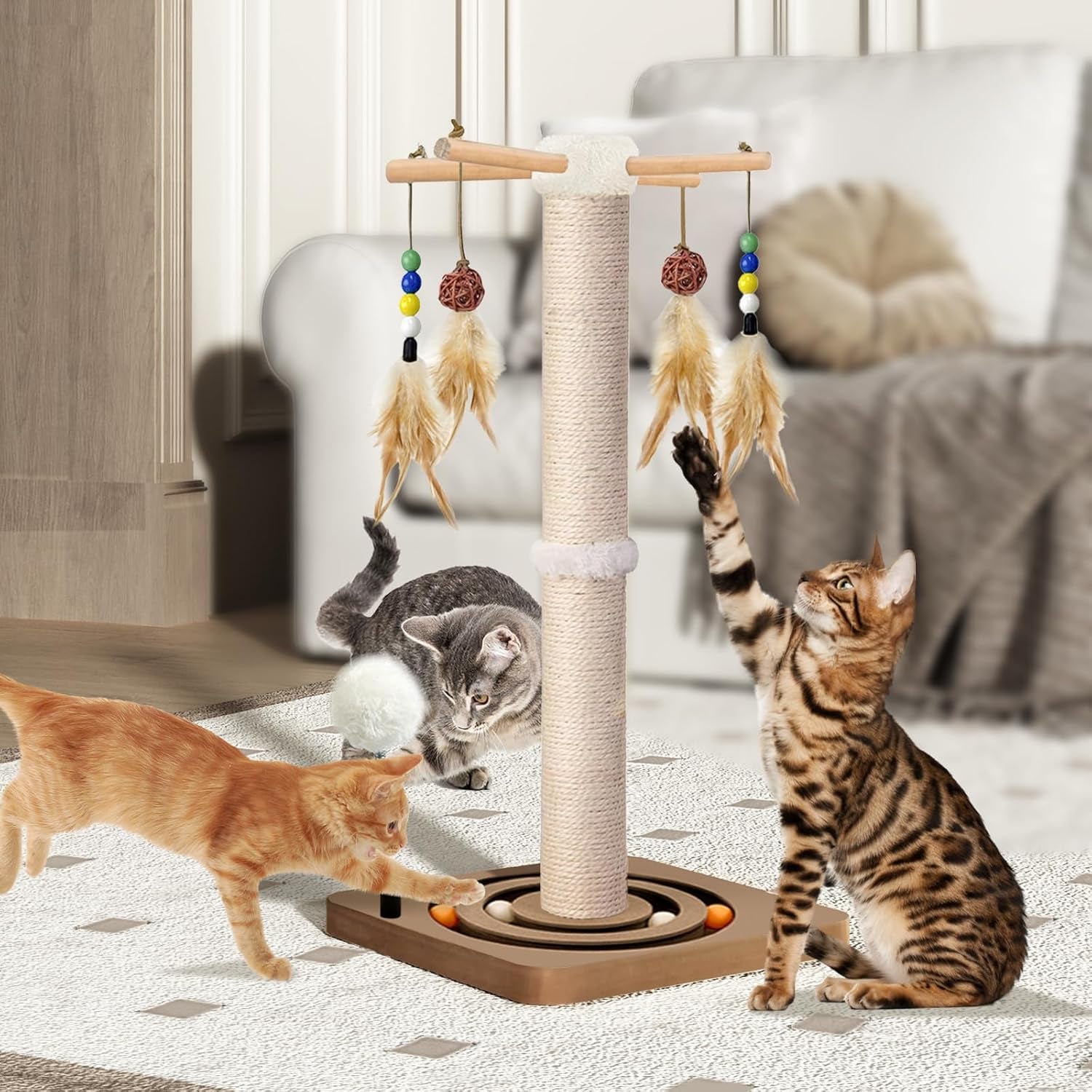 Cat Scratching Post, Sisal, Interactive Furniture Toys for Indoor Cats Adults, 2 Mounting Methods Scratcher Tree Tower with Hanging and Ball Track, Activity Center for Kitten, 25 Inches