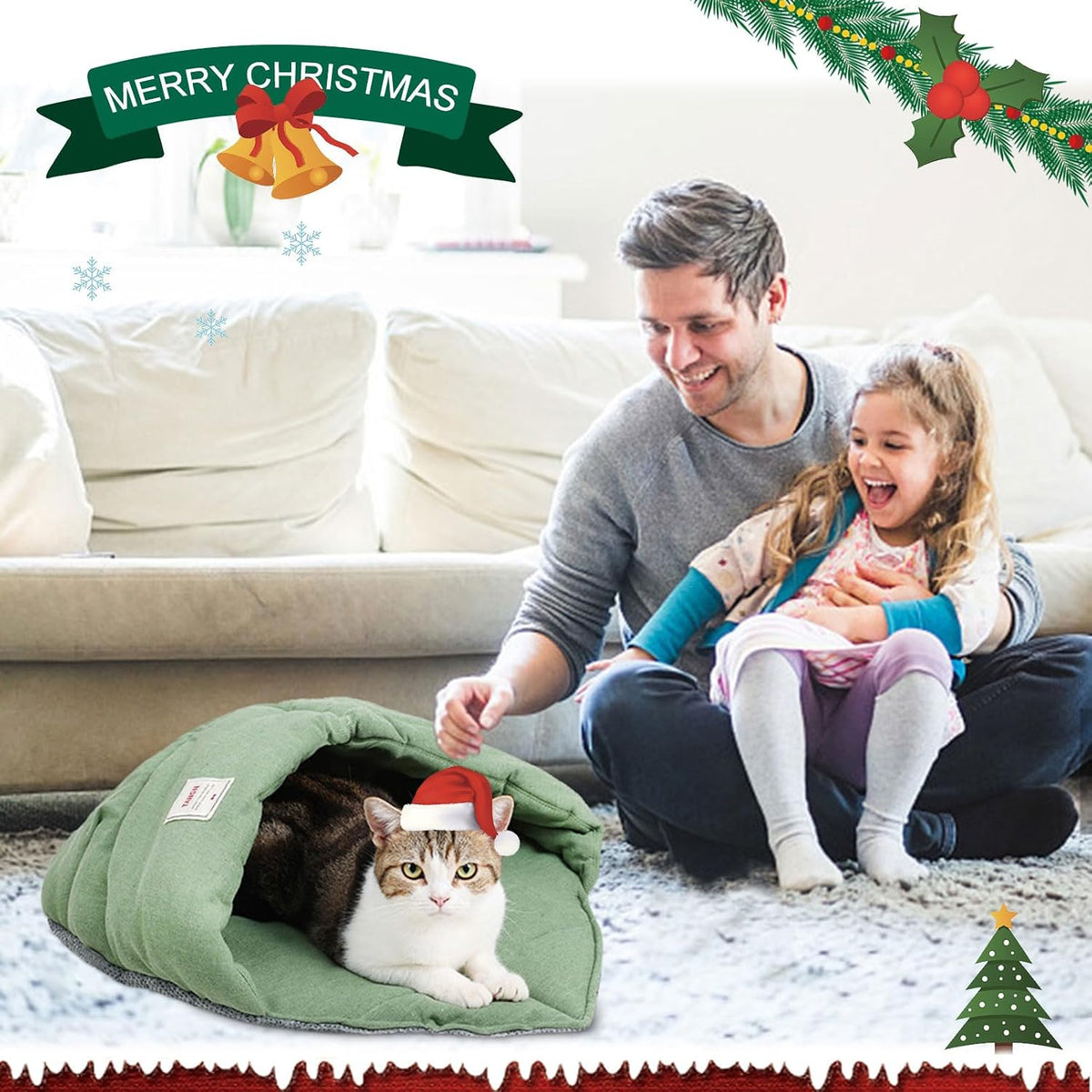 Cat Sleeping Bag Cave Bed with Non-Slip Bottom (Leaf Green)