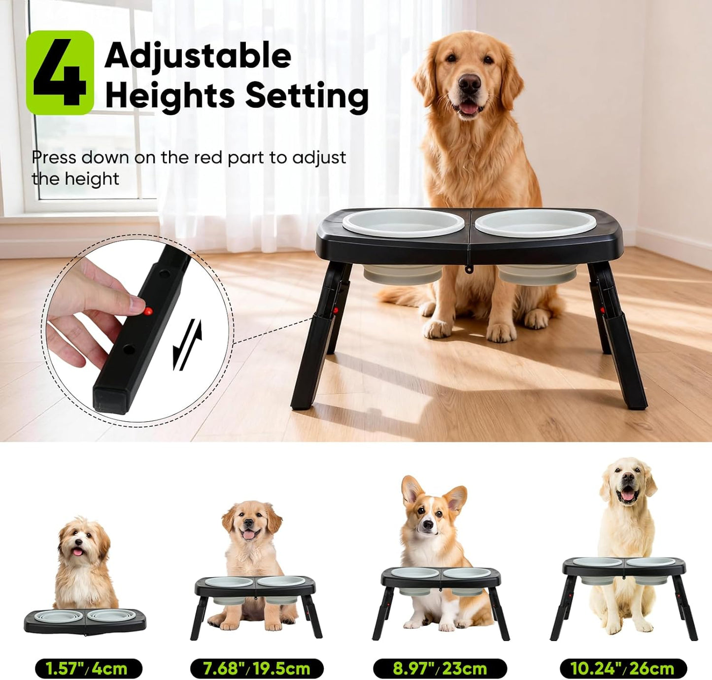 Elevated Dog Bowls Stand, 3 Height Adjustable Raised Dog Bowl with Collapsible Silicone Bowls, Non-Slip Stand for Small, Medium, Large Dogs & Pets