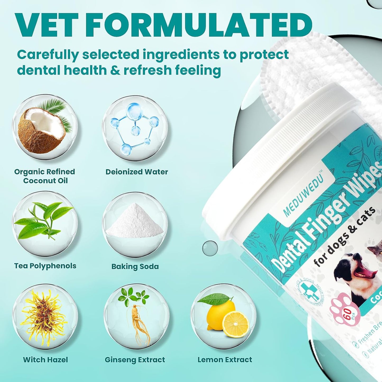 MEDUWEDU Dental Care Finger Wipes 60 Counts,Teeth Cleaning Finger Wipes for Dogs & Cats,Reduces Plaque & Supports Oral Freshness, Coconut Scent