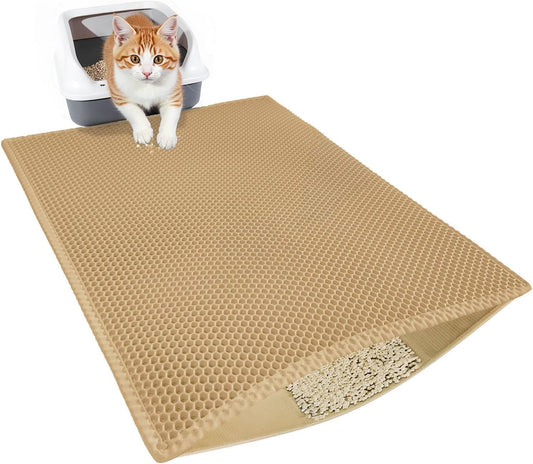 Cat Litter Trapping Mat, Double Layer Waterproof Proof Litter Box Mat, Non-Slip Design, Easy to Clean, Beige Cat Box Mat 29.9'' X 24''Inch