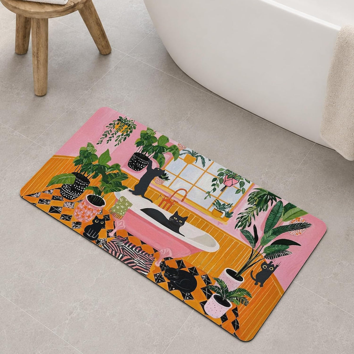 Funny Cat Small Bathroom Rugs Non Slip Super Absorbent Quick Dry Ultra Thin Bath Mat Boho Cute Fun Black Cats Matisse Bath Mats for Bathroom 24''X16'' Pink Yellow
