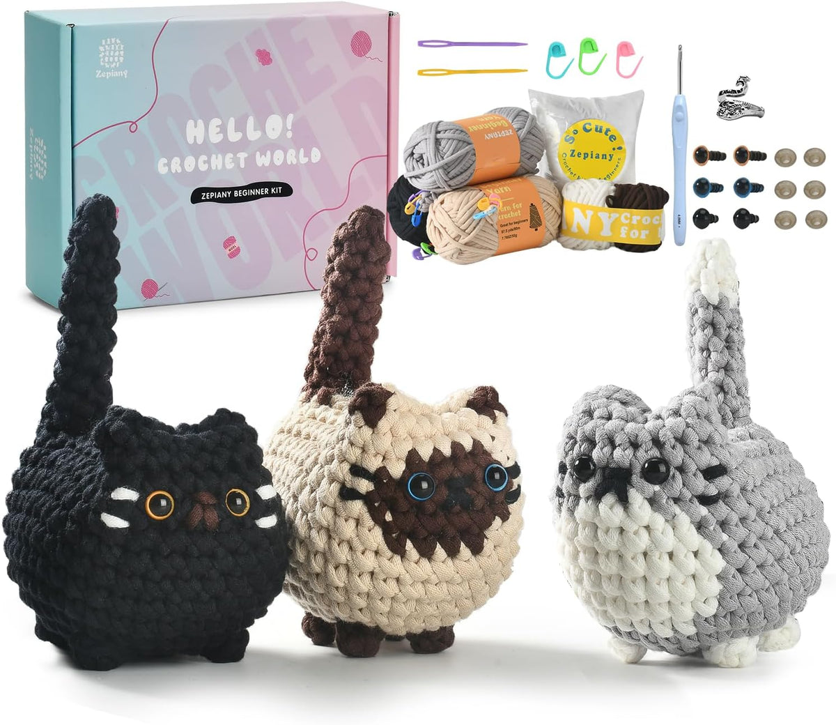 Zepiany Crochet Kit for Beginners Crochet Cat Beginner Crochet Kit for Adults Amigurumi Crochet Animals Cat Crafts Hobby Crochet Kits Easy Knitting Kit