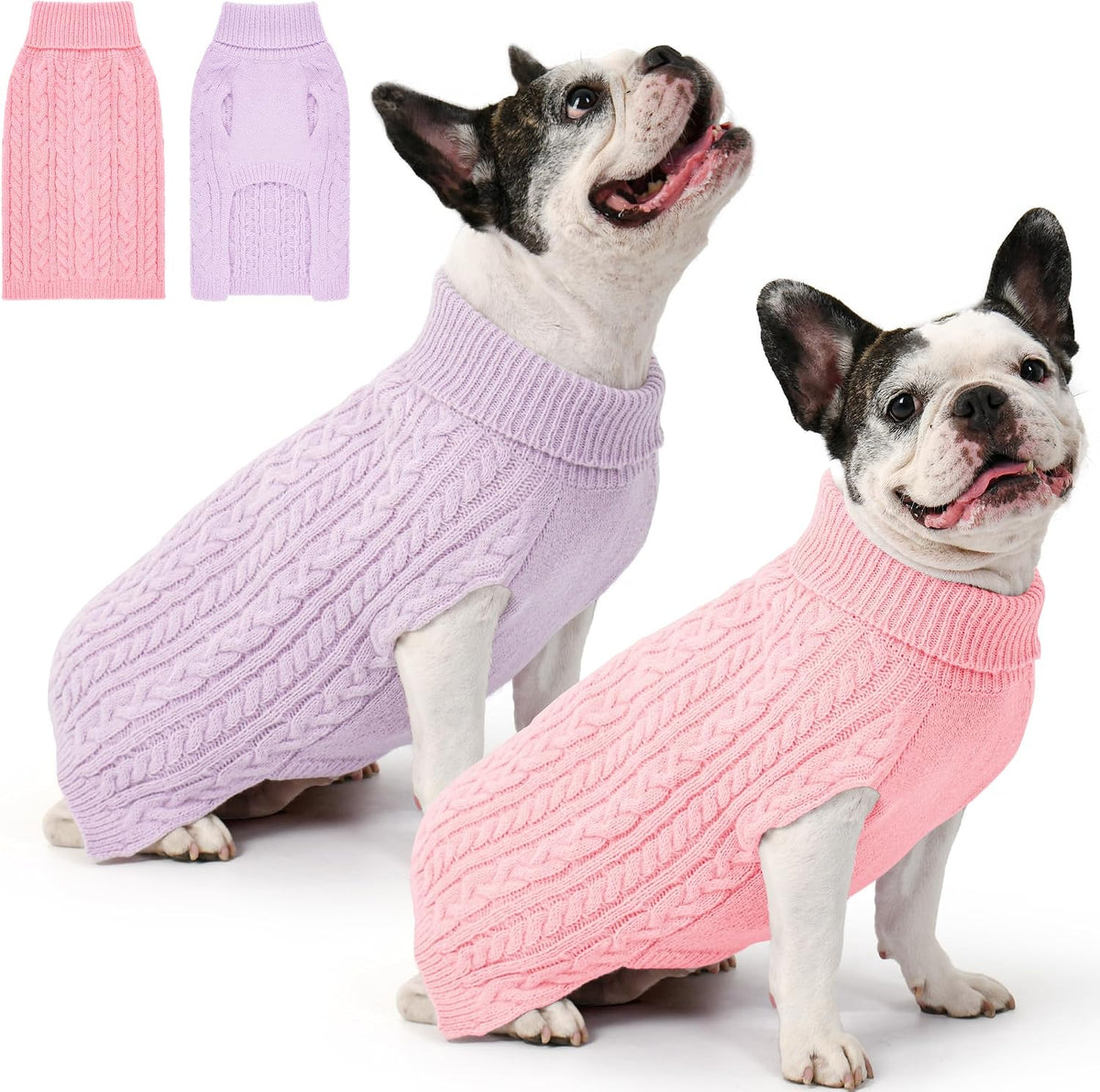 Dog Sweater 2 Pack for Medium Dogs, Size M, Pink & Purple