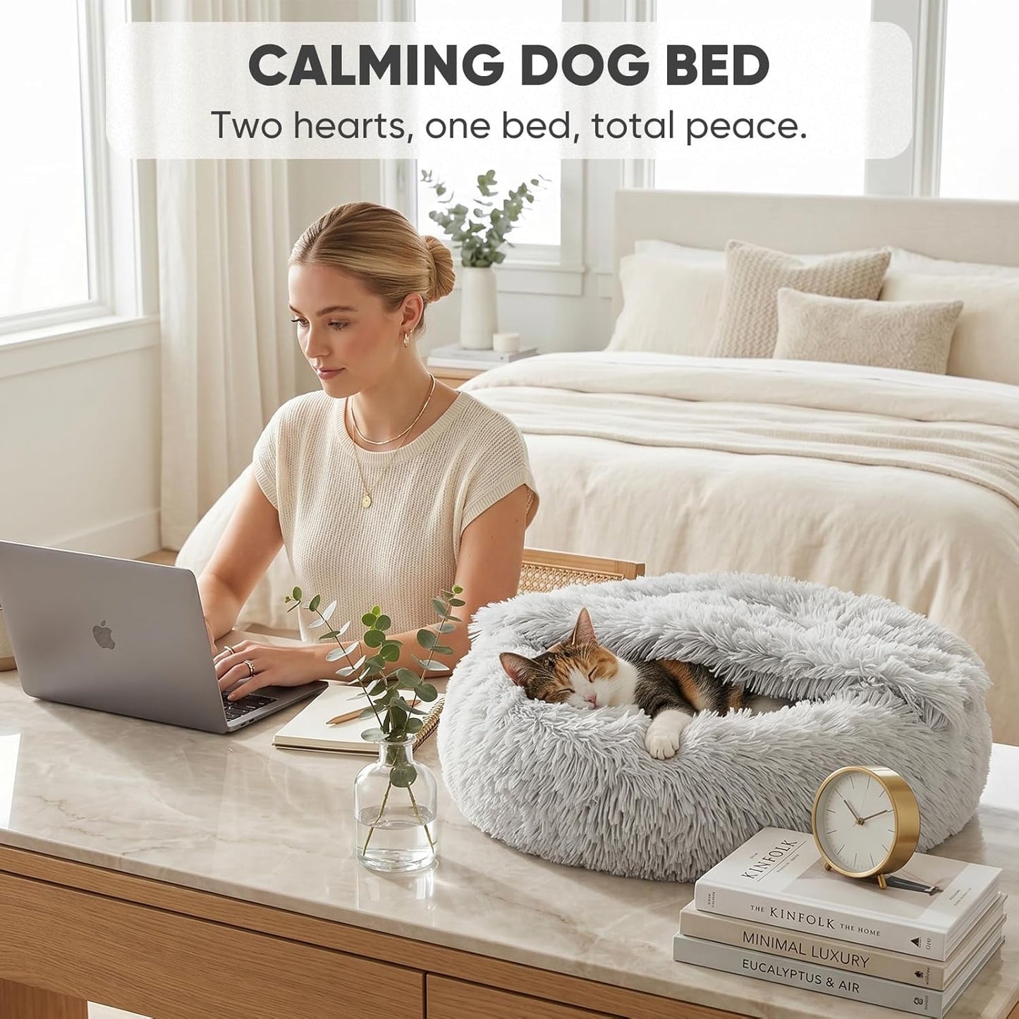 Himax Small Cat & Dog Bed with Cover, Calming Dog Bed for Small Dogs,Anti-Anxiety Donut Dog Bed with Attached Blanket,Washable round Fluffy Pet Bed (20"/26"/35")，Light Grey