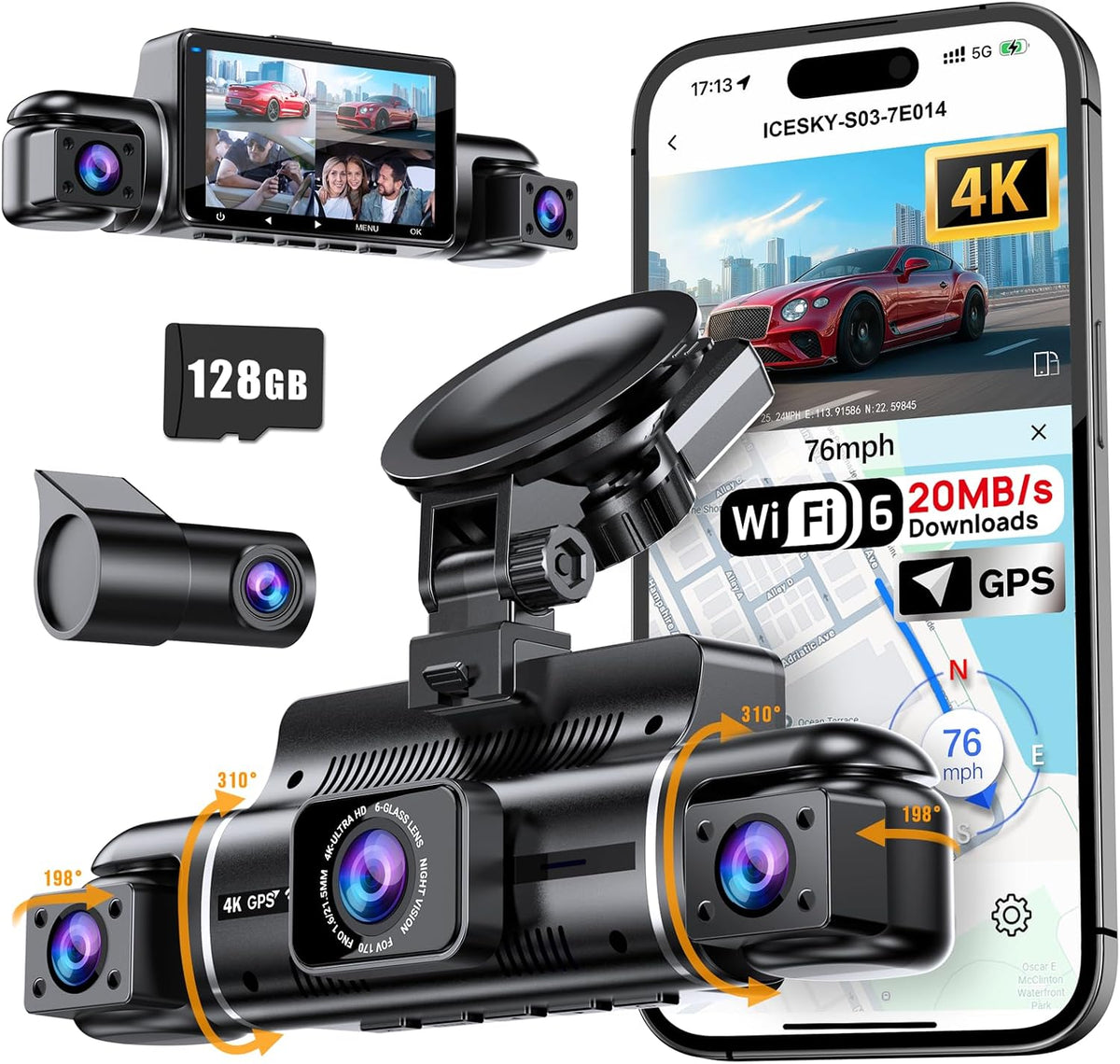 Icesky 4K Dash Cam Front and Rear Left Right with GPS, 20Mb/S Wifi 6