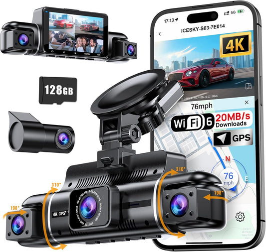 Icesky 4K Dash Cam Front and Rear Left Right with GPS, 20Mb/S Wifi 6