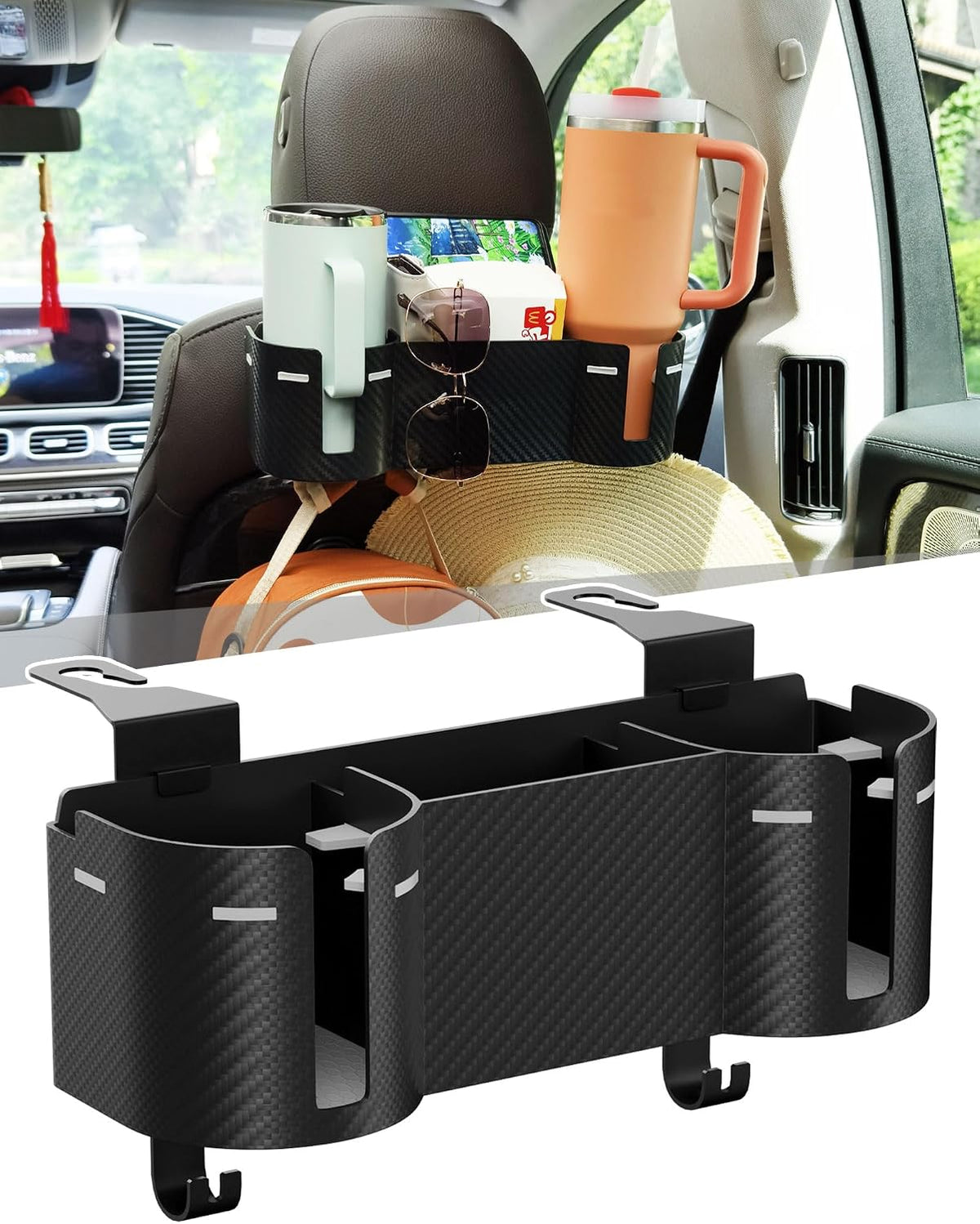 Car Headrest Backseat Cup Holder 3.7", Seat Back Organizer with Hooks