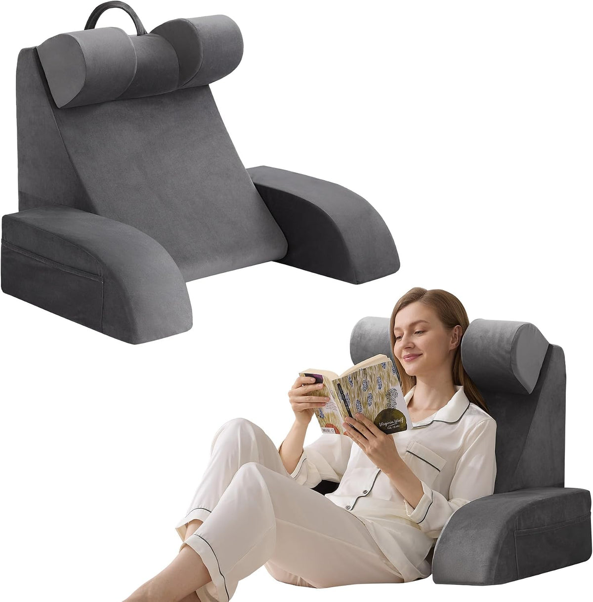 19" Reading Pillow for Sitting up in Bed, Flip-Up Headrest, Grey