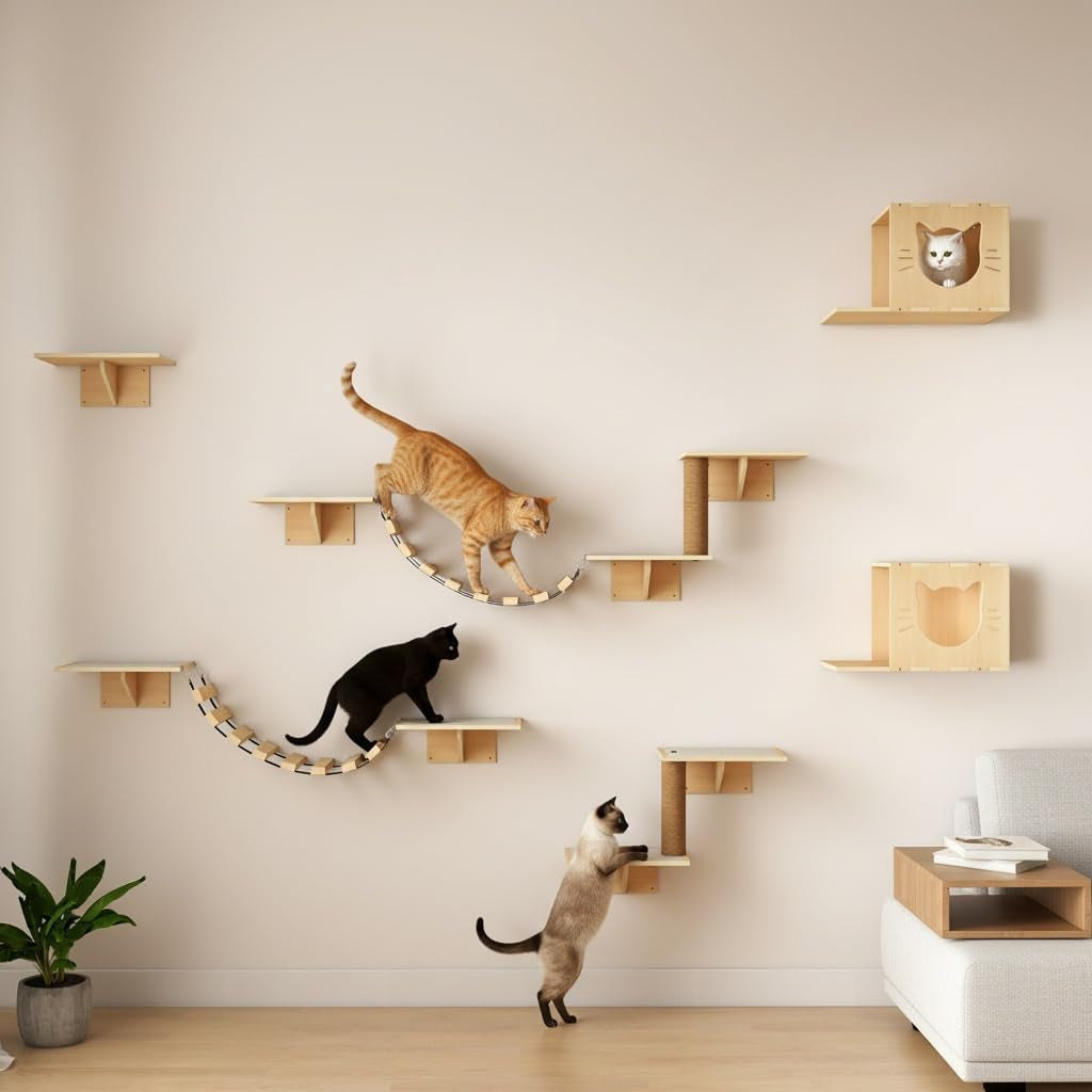 NYEEKOY Cat Wall Shelves, Wood 8-In-1 Cat Wall Furniture Set, Large Cat Shelves for Wall with Scratching Post, Cat Climbing Wall Activity Center for Climb, Play, Rest, and Scratch, Natural Wood