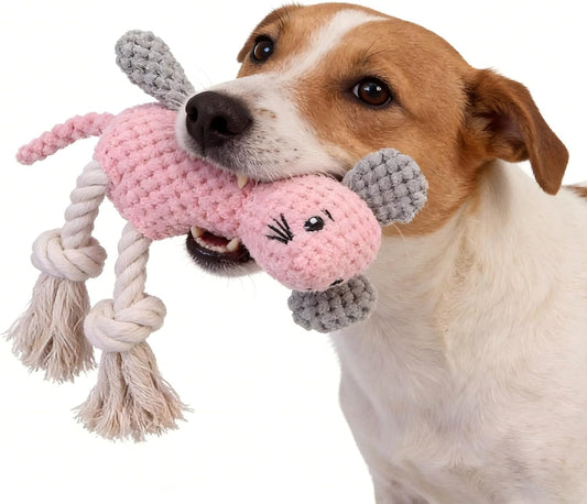 Durable Dog Chew Toy - Pink Plush Mouse with Rope Legs for Aggressive Chewers, Interactive Tug of War & Teething Relief