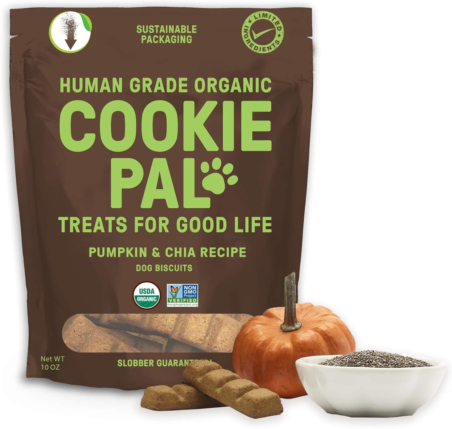 Cookiepal Human Grade Dog Treats, Pumpkin and Chia Seed Recipe, Organic Non-Gmo and Simple Ingredients, 10 Oz Bag