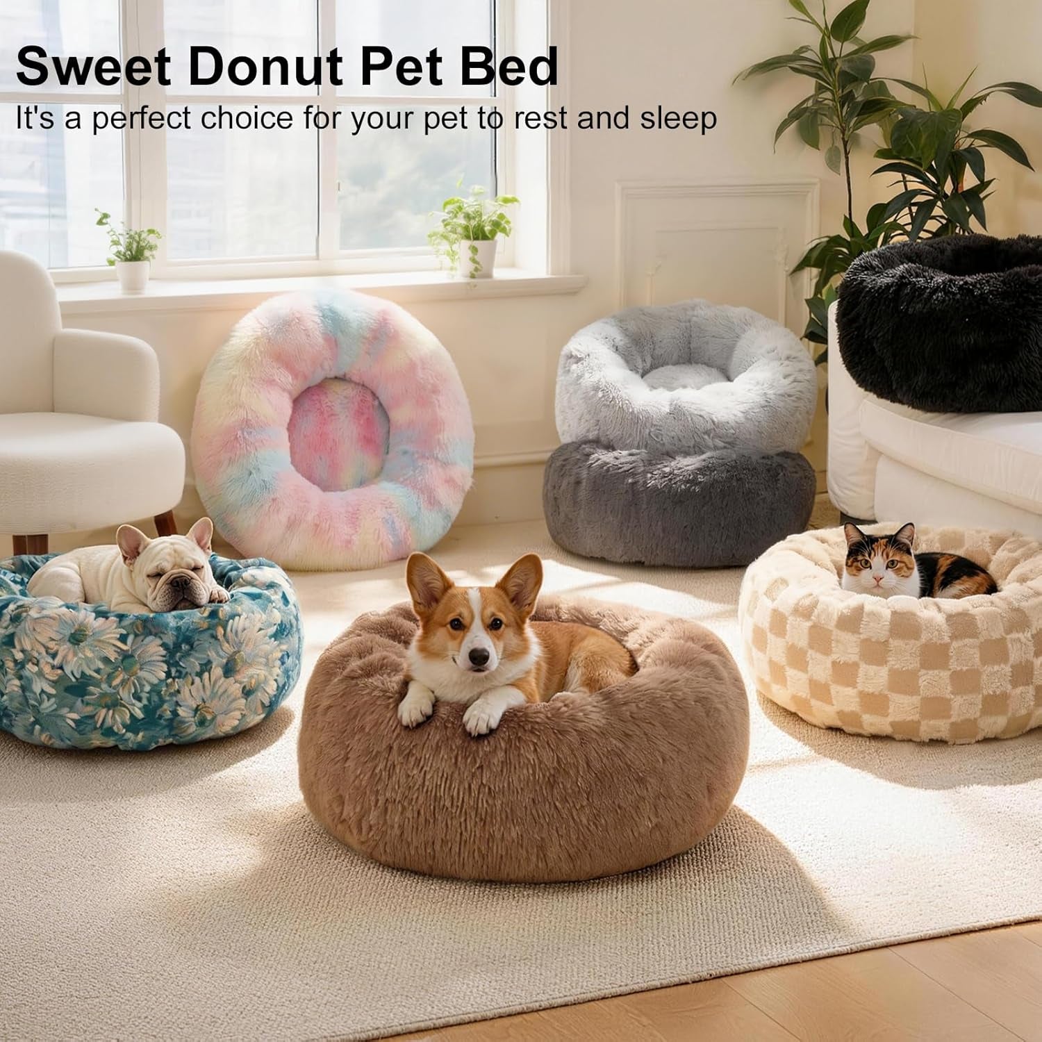 Dog Calming Beds for Small Medium Large Dogs - round Donut Washable Puppy Dog Bed, Anti-Slip Faux Fur Fluffy Donut Cuddle Anxiety Cat Pet Bed(28" Dark Grey)