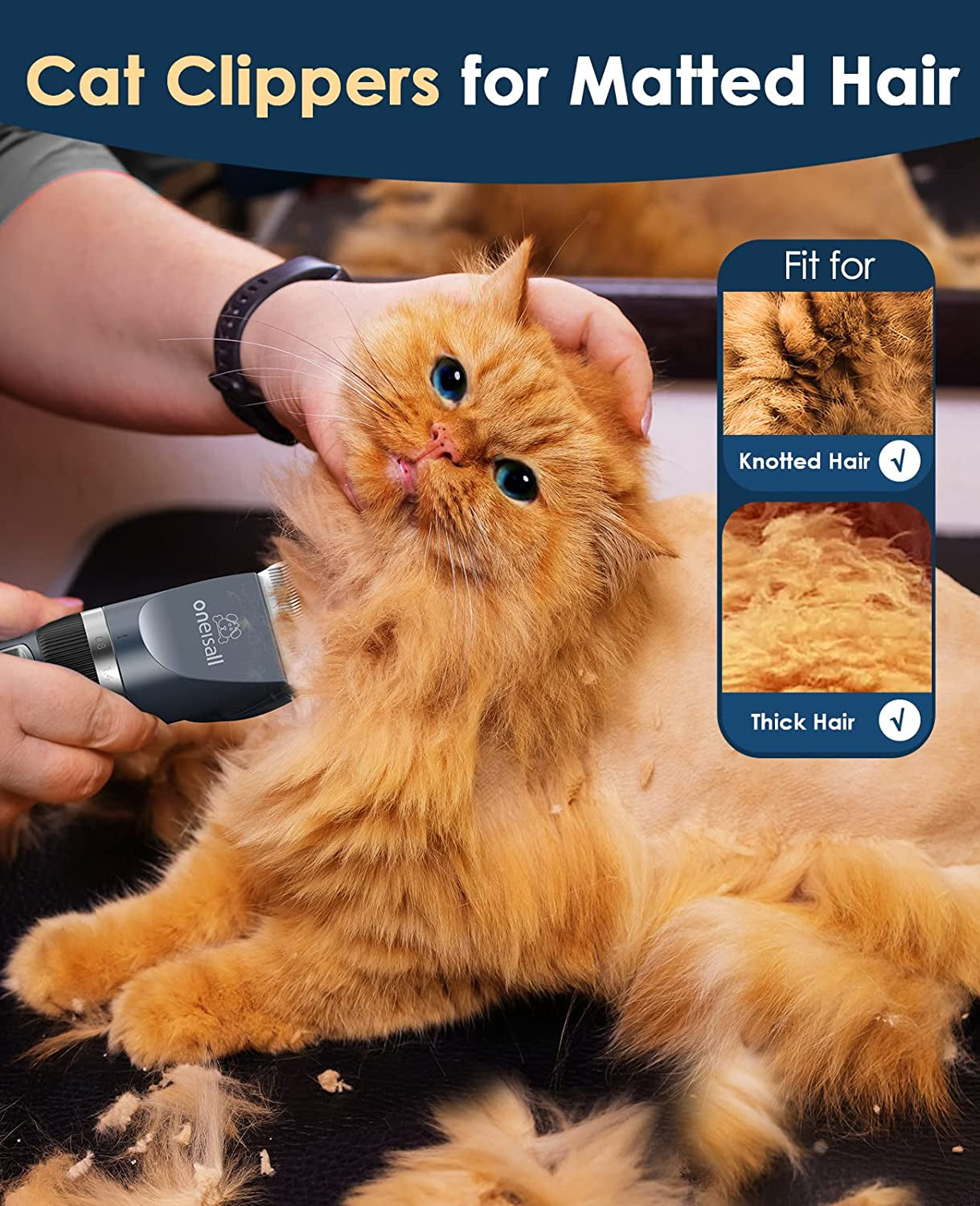 Oneisall Quiet Cat Clippers for Matted & Long Hair, 2-Speed Cordless Pet Shaver Grooming Kit for Cats, Small Dogs & Animals (Blue)