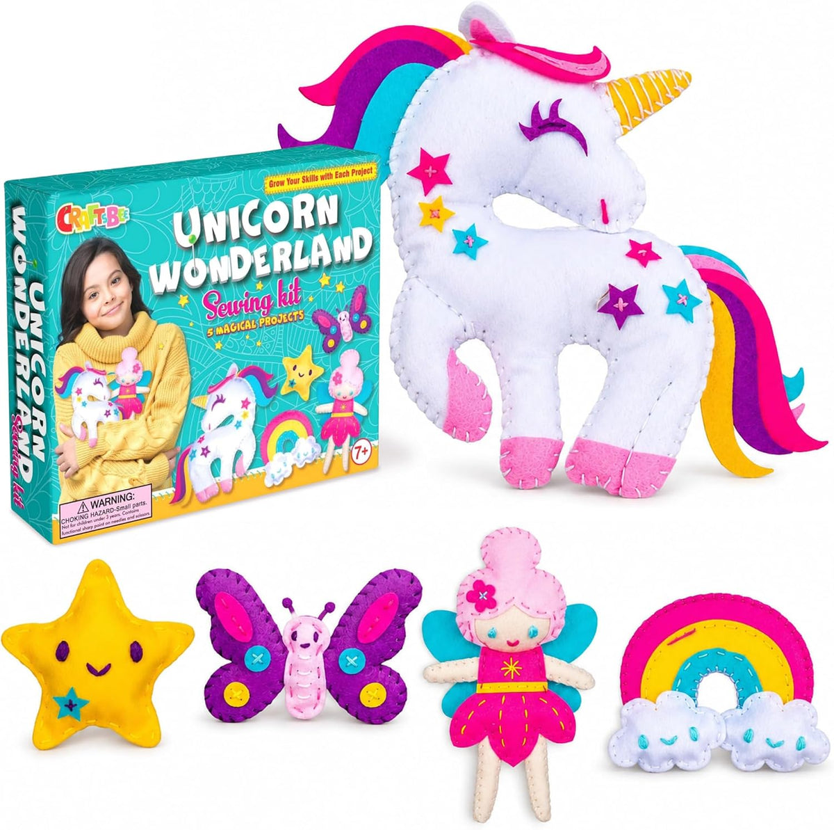 CRAFTSBEE Kids Sewing Kit Ages 7-12, Make 5 Large Unicorn Felt Plushies