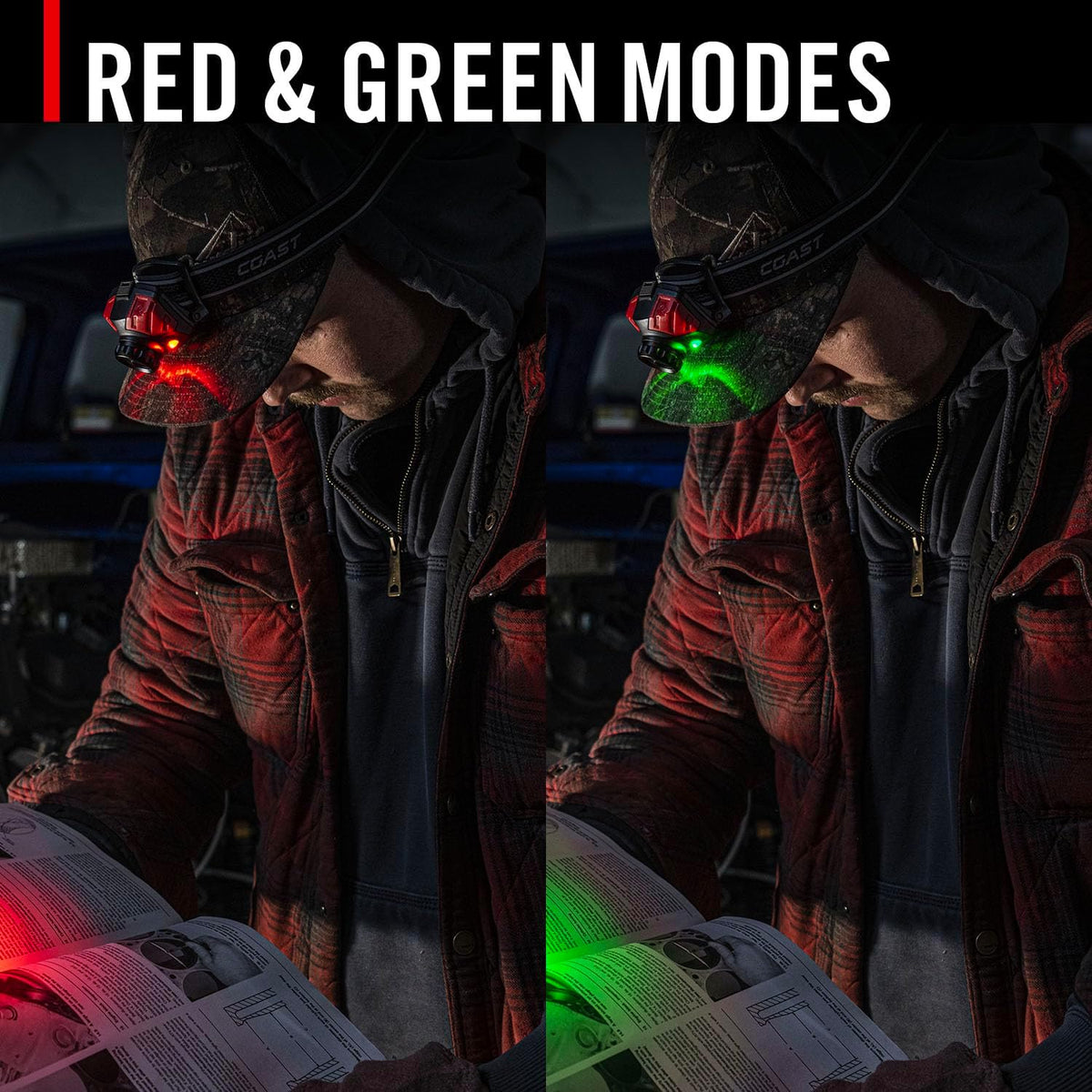 Coast® FL85R 1000 Lumen Tri-Color (White/Red/Green) Focusing Rechargeable LED Headlamp, Built-In Rechargeable Battery