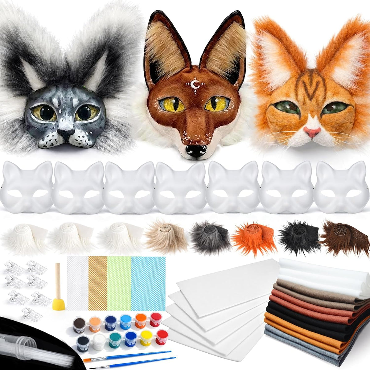 Therian Mask Kit, 51 Pcs Cat Mask DIY Kit with Felt, Fur & Eye Mesh