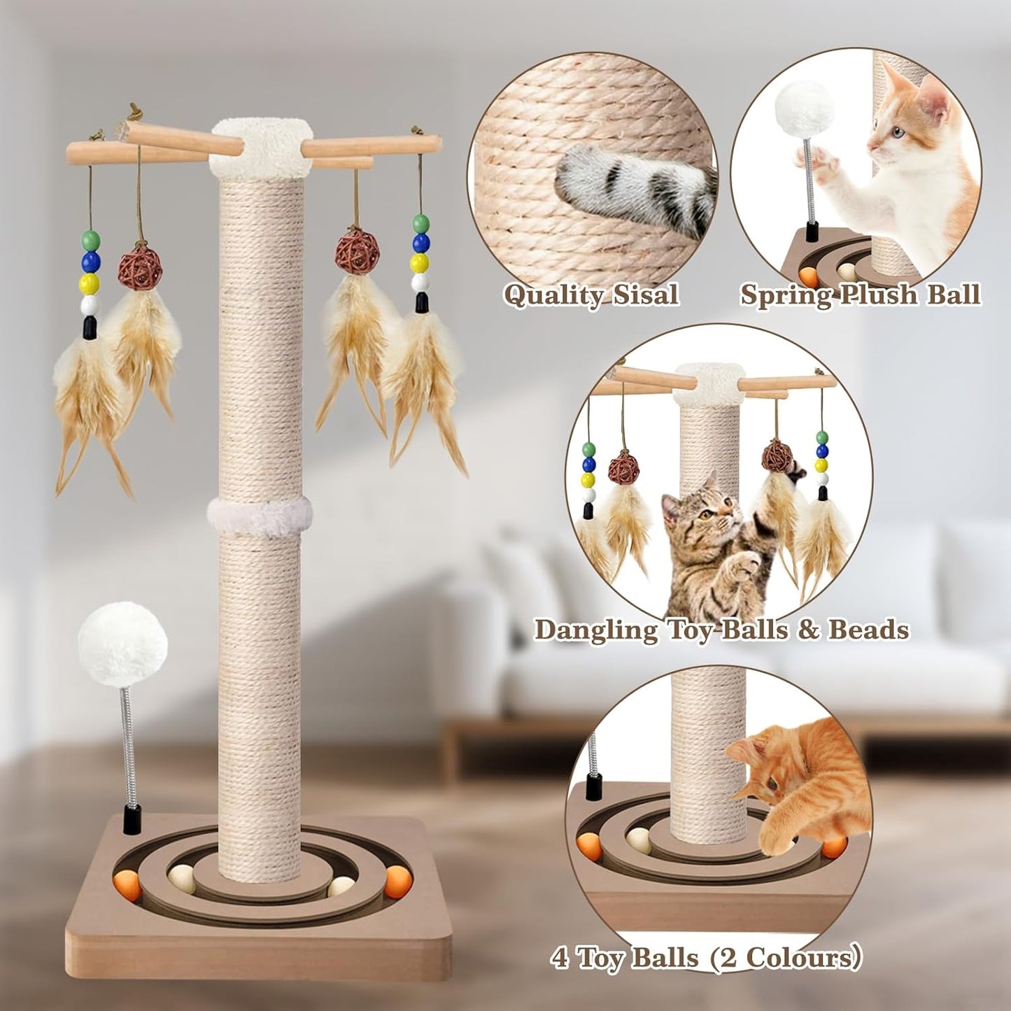 Cat Scratching Post, Sisal, Interactive Furniture Toys for Indoor Cats Adults, 2 Mounting Methods Scratcher Tree Tower with Hanging and Ball Track, Activity Center for Kitten, 25 Inches