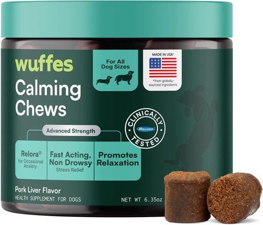 Wuffes Calming Chews for Dogs - Daily Stress Support for Fireworks, Thunder, Travel & Separation Anxiety - Relora®, GABA, L-Tryptophan & Chamomile - Sedative & Melatonin Free - All Breeds & Sizes