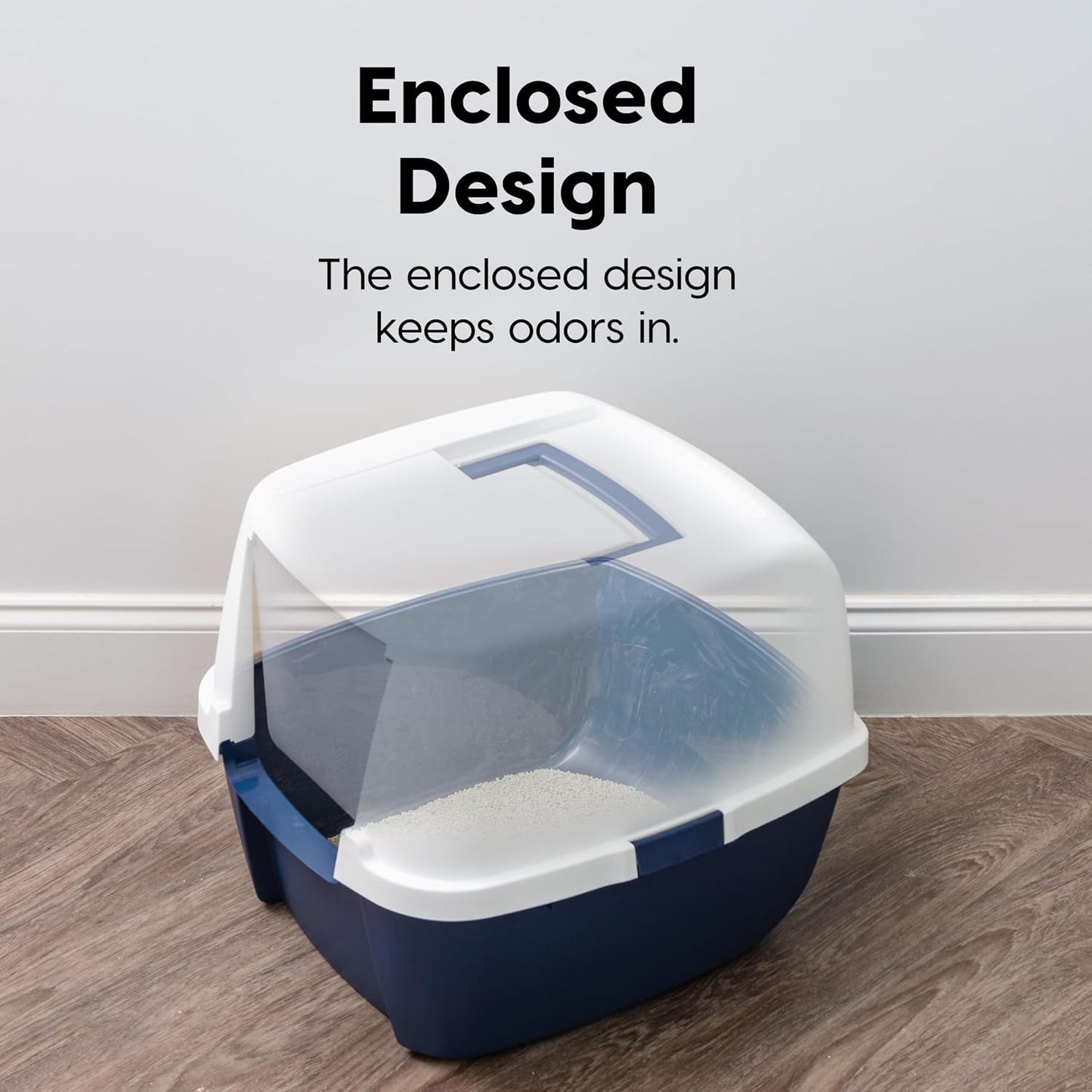 IRIS USA Cat Litter Box Large with Front Door Flap, Covered Enclosed Litter Box Enclosure with Scoop, Handle & Buckles for Portability & Privacy, Hidden Litter Pan, Navy