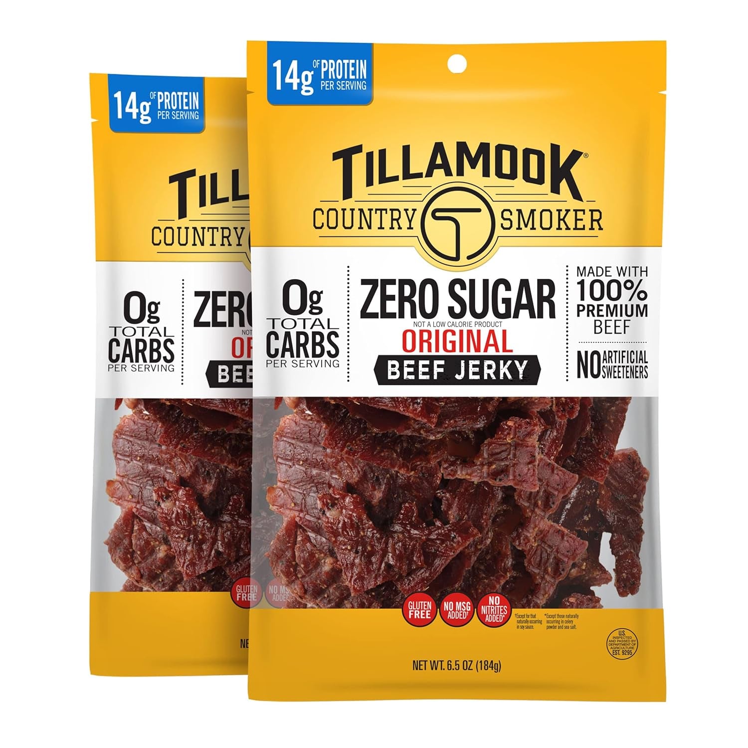 Tillamook Country Smoker Zero Sugar Original Beef Jerky Sticks, 6.5 Oz, Pack of 2, 14G Protein, Real Hardwood Slow-Smoked, High Protein, Low Carb Meat Snacks, Keto-Friendly, 0G Sugar & Total Carbs
