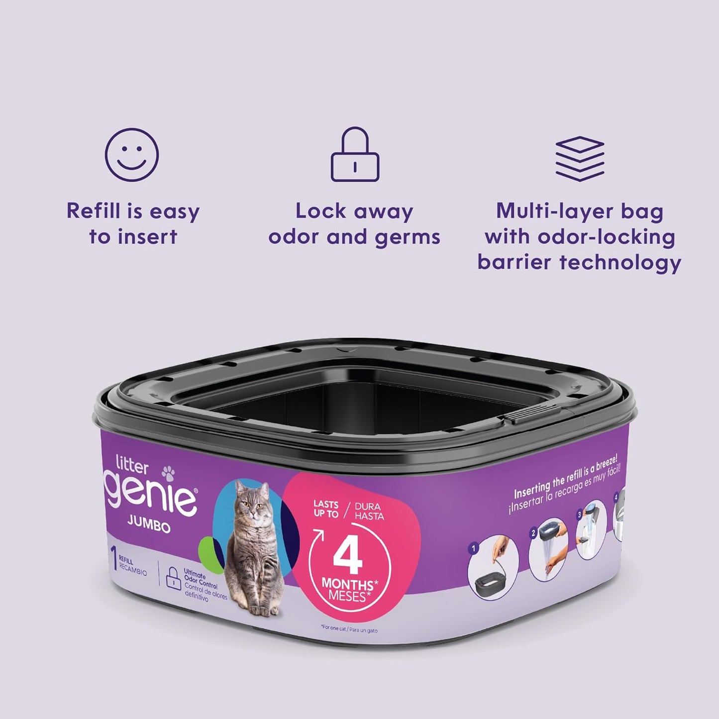 Litter Genie Refill Bags | Jumbo 2-Pack, 56 Total Ft | up to 8 Months of Supply in 2 Cartridges | Ultimate Odor Control Cat Litter Bags