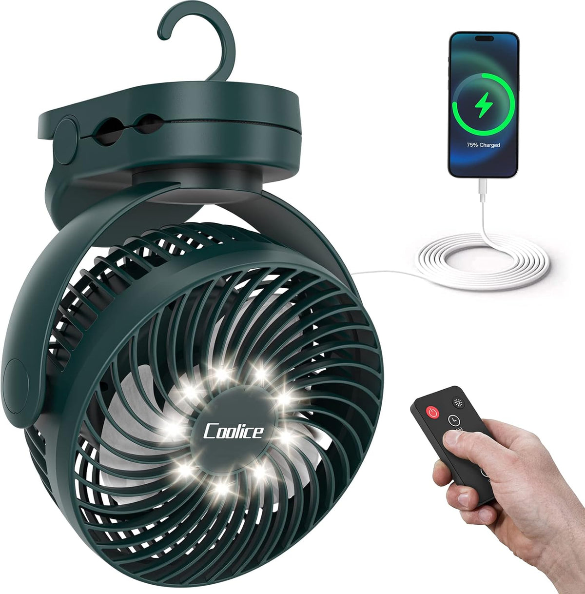 Camping Fan with Remote Control - 12000Mah Rechargeable Battery Powered Fan, Camping Fans for Tents with LED Light & Hanging Hook, Rechargeable Battery Operated Ceiling Fans for Tent RV Bed, Green
