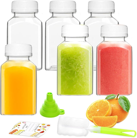 Plastic Juice Bottles, Reusable Juice Containers with White Tamper Proof Lids, Brush, Funnel and Labels, Clear Juice Containers for Juicing, Smoothie and Homemade Beverages (6PCS 4Oz)